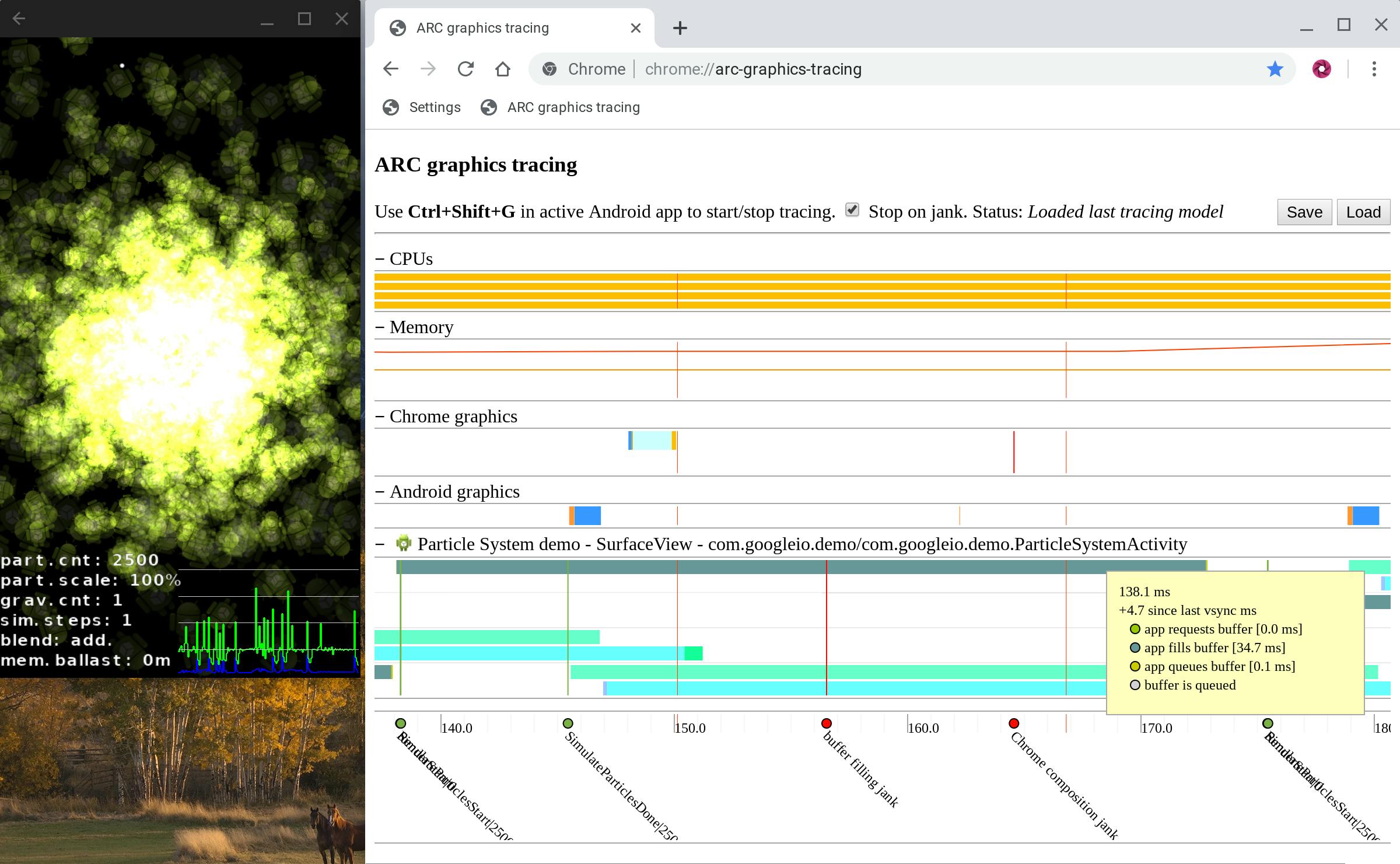 Jank Profiler, with ARC++ app running on the left and CPU, Memory, Chrome Graphics, and Android Graphics information to the right.
