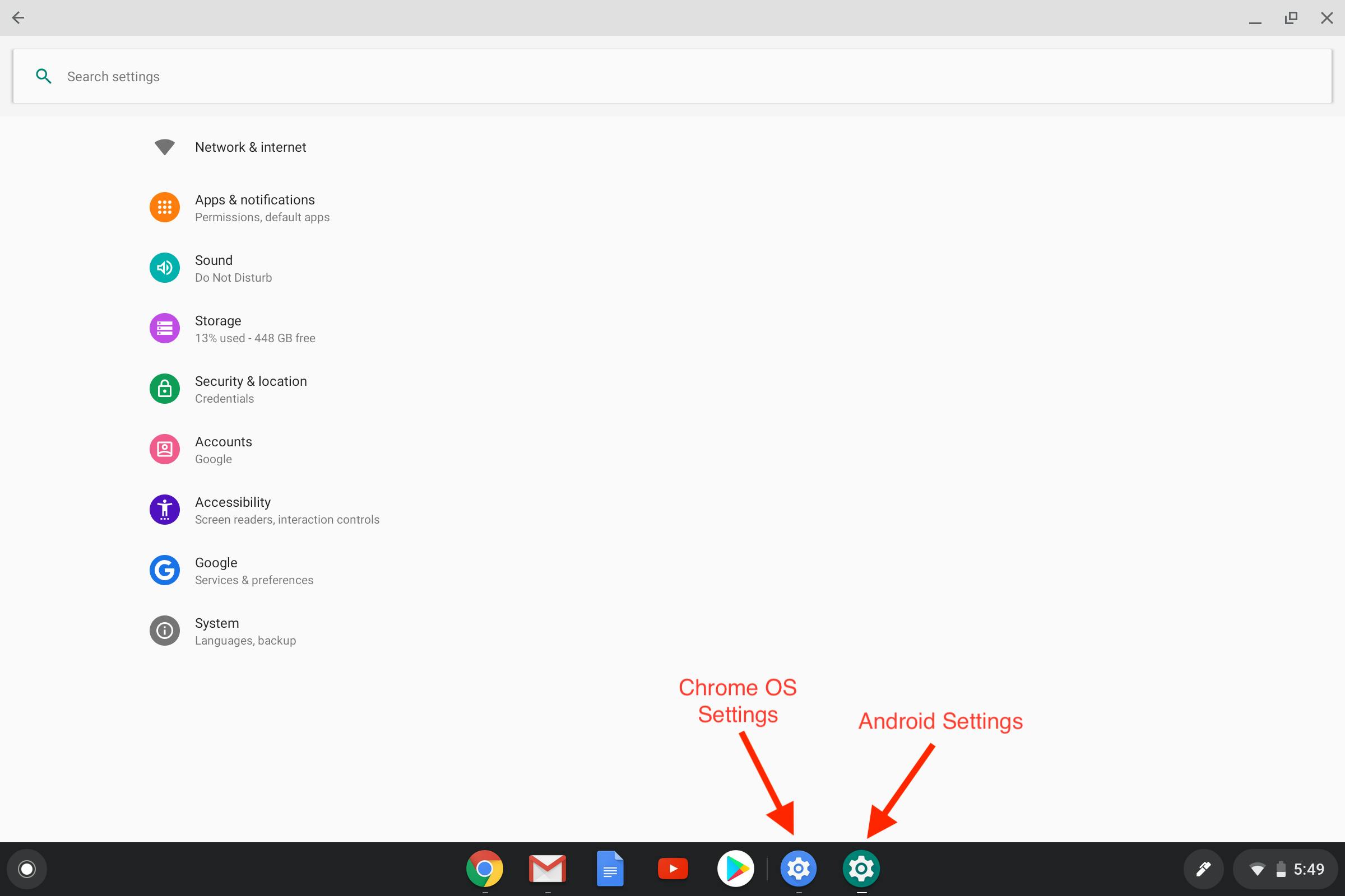 The ChromeOS and Android settings icons look very similar, but for Android settings, the gear is slightly larger and the background color is green.