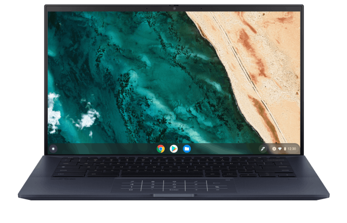 Chromebook abierta con una vista panóramica de una playa configurada como fonde de pantalla.