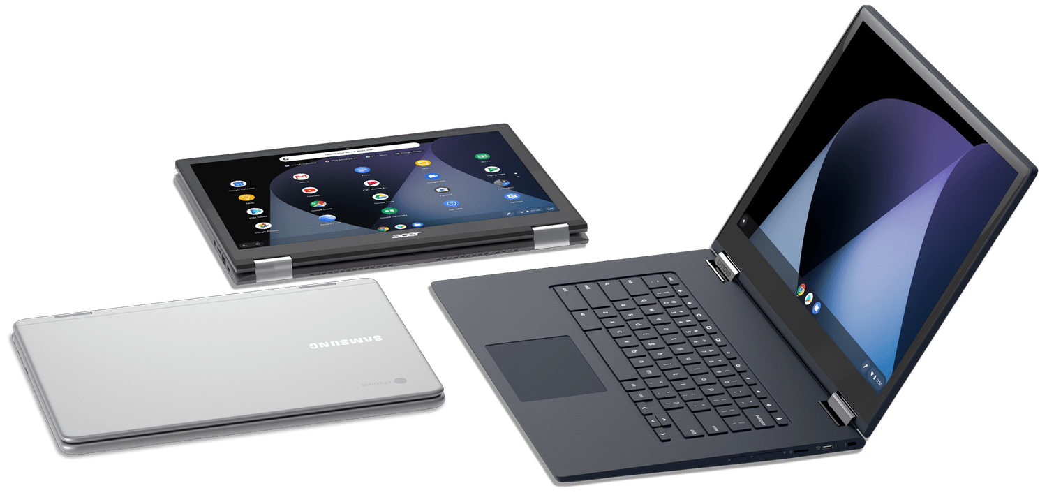 An image displaying three Chromebooks. One Samsung Chromebook is folded down. Another Acer Chromebook is folded back as a tablet. The last is open for standard laptop use.