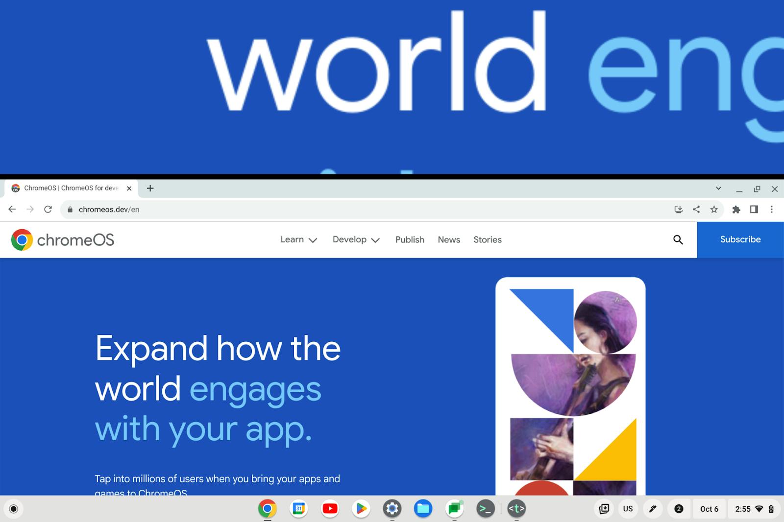 A view of the chromeOS.dev home page with the docked magnifier feature on and focused on the word "world."