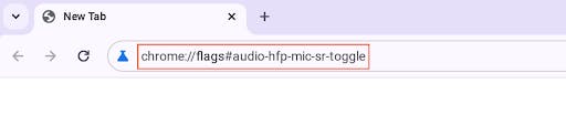 A Chrome browser window with 'chrome://flags#audio-hfp-mic-sr-toggle' typed into the search bar.