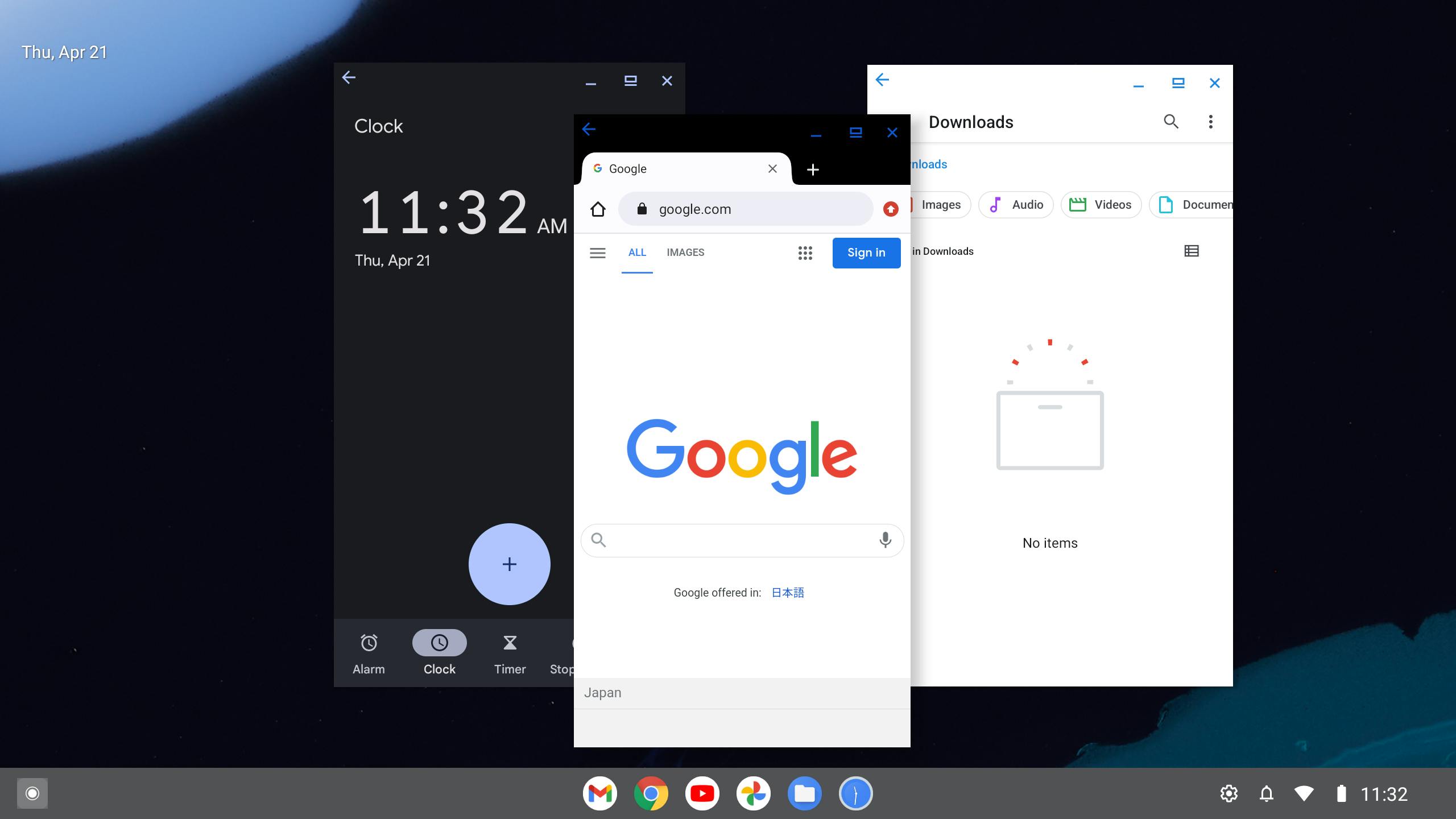 Desktop Android Virtual Device showing three apps running simulatenously in their respective windows.