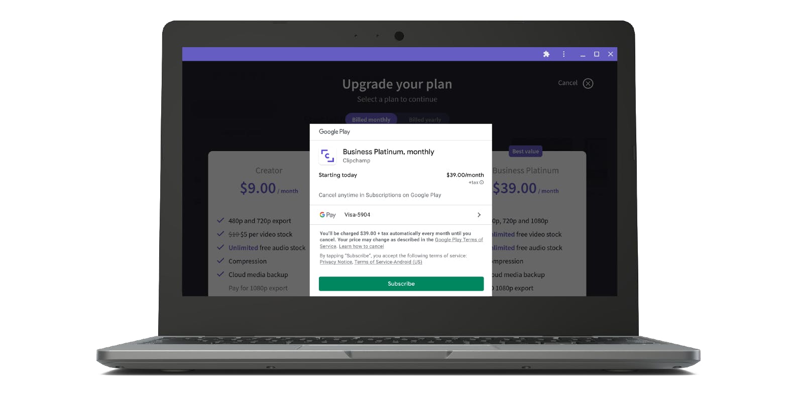 A laptop showing a Google Play Billing subscription checkout flow on Clipchamp