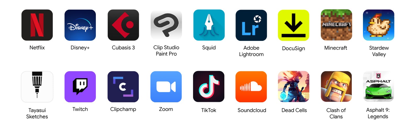 Logos of apps that adapted for Chrome OS: Netflix, Disney+, Cubasis 3, Clip Studio Paint Pro, Squid, Adobe Lightroom, DocuSign, Minecraft, Stardew Valley, Tayasui Sketches, Twitch, Clipchamp, Zoom, TikTok, Soundcloud, Dead Cells, Clash of Clans, Asphalt 9: Legends