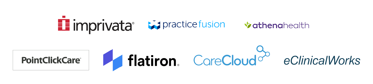 Imprivata, Practice Fusion, athena health, PointClickClare, Flatiron, CareCloud, and eClinicalWorks logos