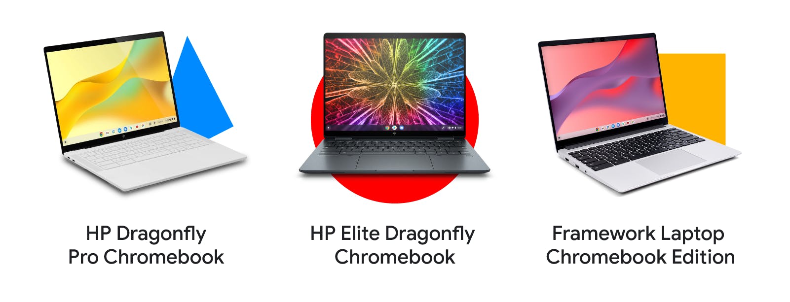 Three devices from left to right: the HP Dragonfly Pro Chromebook, HP Elite Dragonfly Chromebook, and Framework Laptop Chromebook Edition