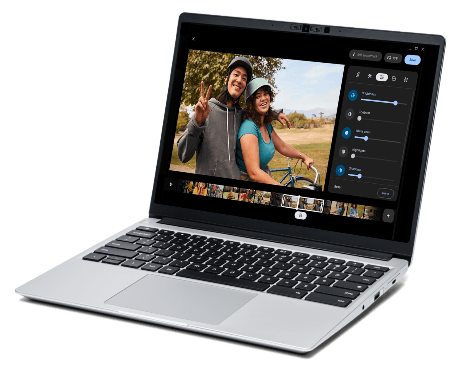 The Framework Laptop Chromebook Edition with the Google Photos app on the screen