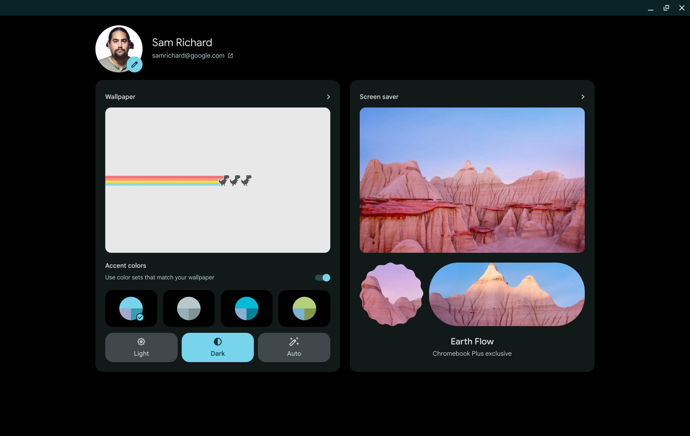 The wallpaper and screen saver settings screen, showing four options for accent colors created to match the chosen wallpaper. The first set of accent colors is selected, as is dark mode, with light mode and auto also available. The Earth Flow screensaver, a Chromebook Plus exclusive, is also chosen