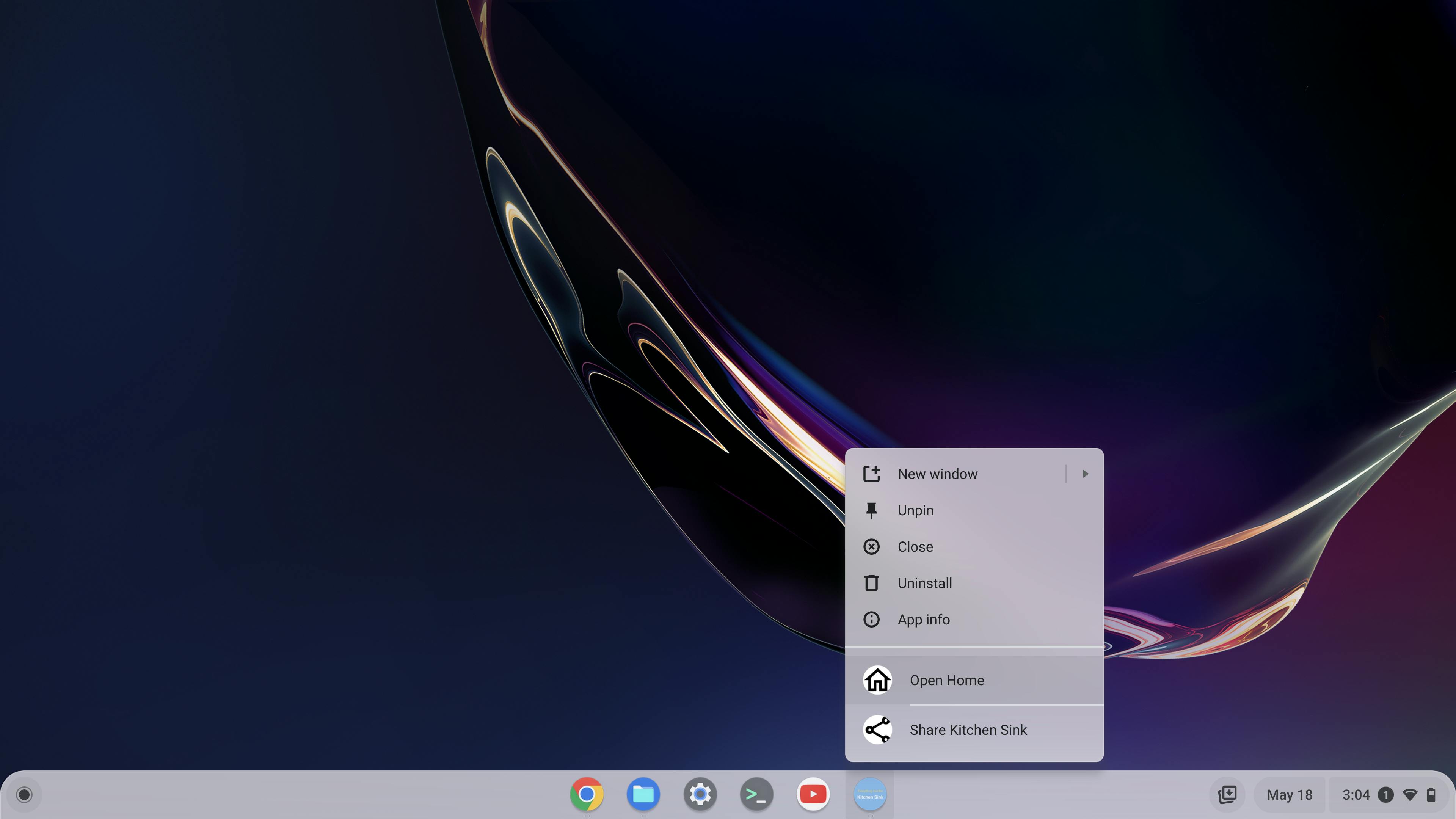 Example of what app shortcuts look like in the right-click menu of an app in the Chrome OS shelf.