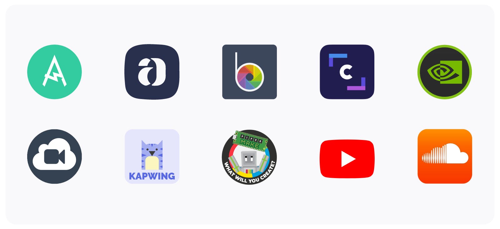 2 by 5 grid of logos, showing the BeFunky, Cloud Stop Motion, SoundCloud, Clipchamp, Amped Studio, Artboard Studio, Replit, Kapwing, and Piper Make logos