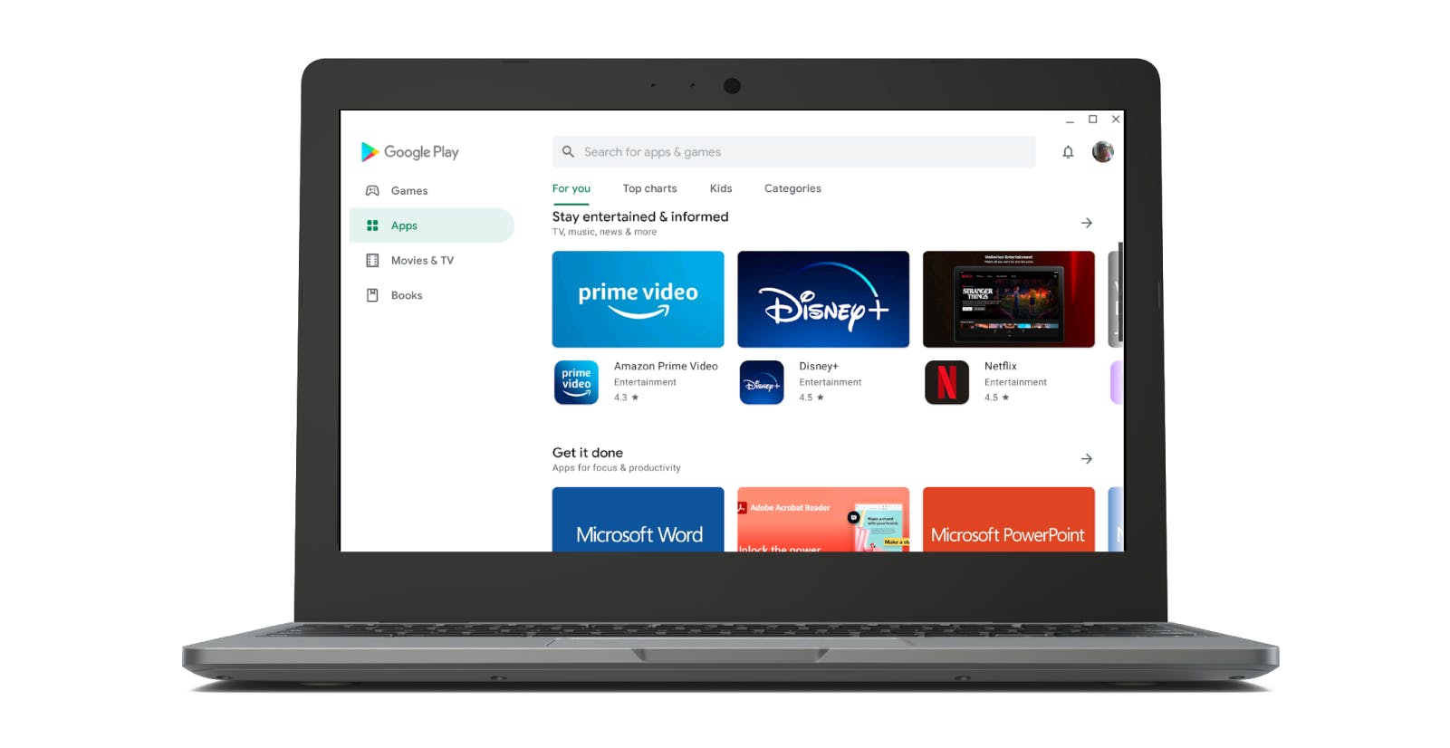 Content-forward listings in Google Play that spotlight the best Chromebook-optimized apps.