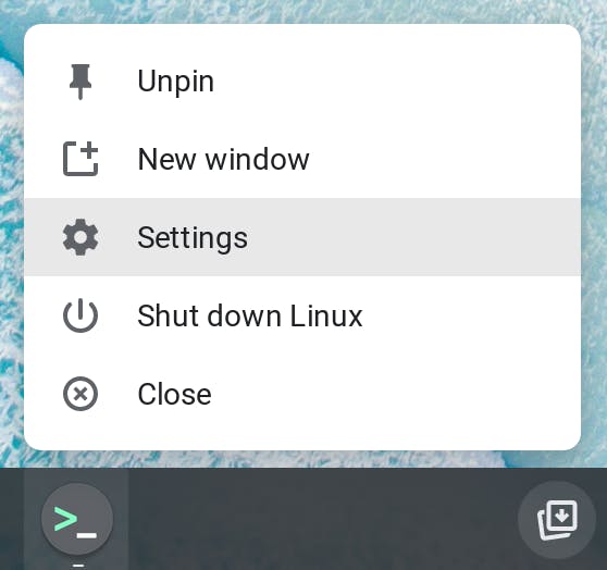Access Terminal settings by right-clicking the Terminal icon.