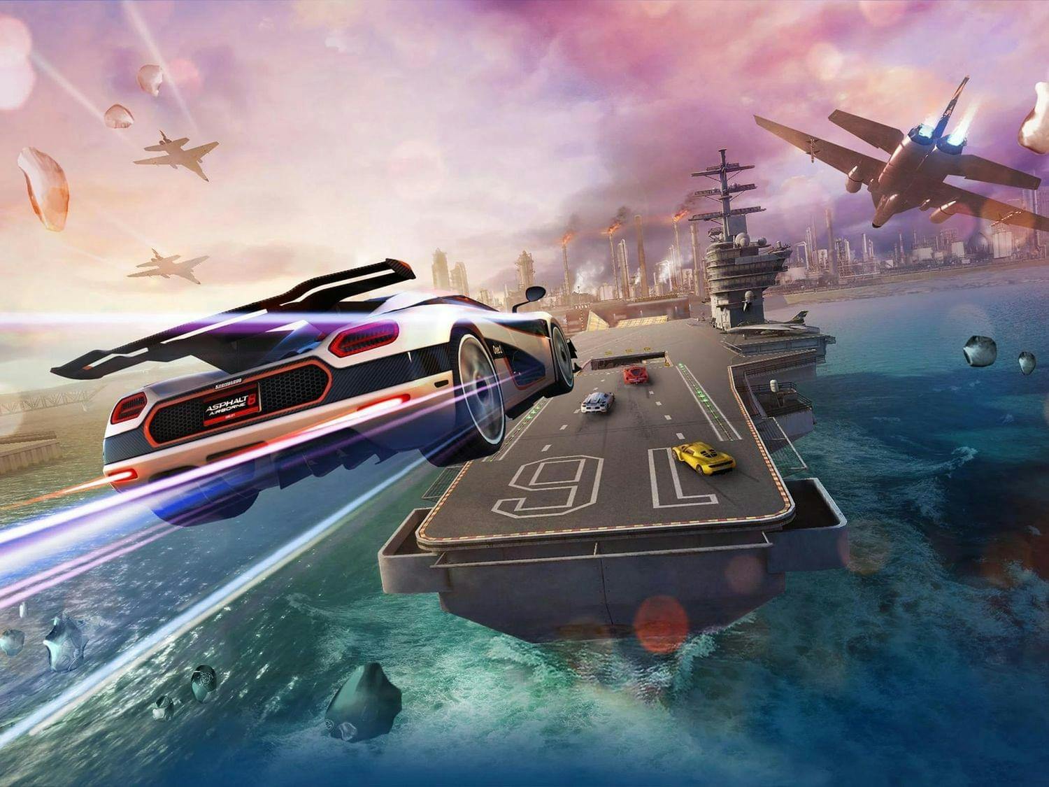 Game illustration of a car jumping to a navy aircraft carrier.