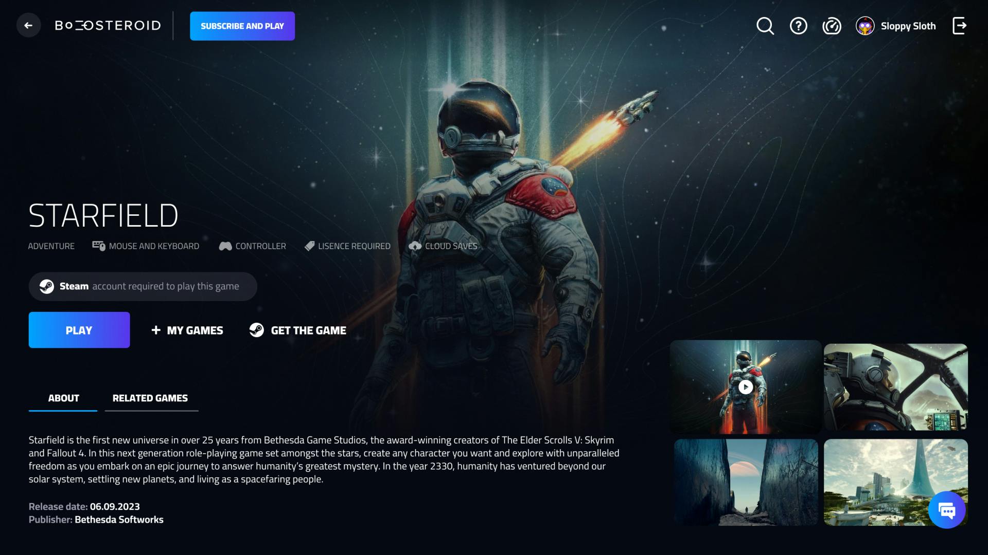 The Boosteroid platform highlighting Starfield, a Bethesta Softworks game. The screenshot includes a menu bar at the top with the Boosteroid logo and a button that says Subscribe and Play. The page shows a splash image of the video game, highlighting an astronaut, and buttons reading Play, + My Games, Get the Game.