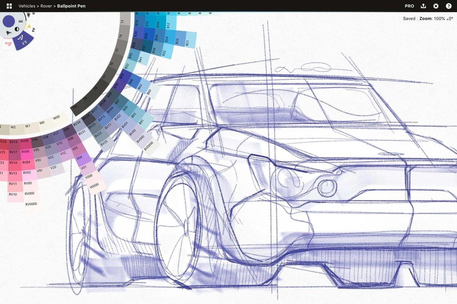 Bosquejo de un coche que muestra la rueda de color en Concepts
