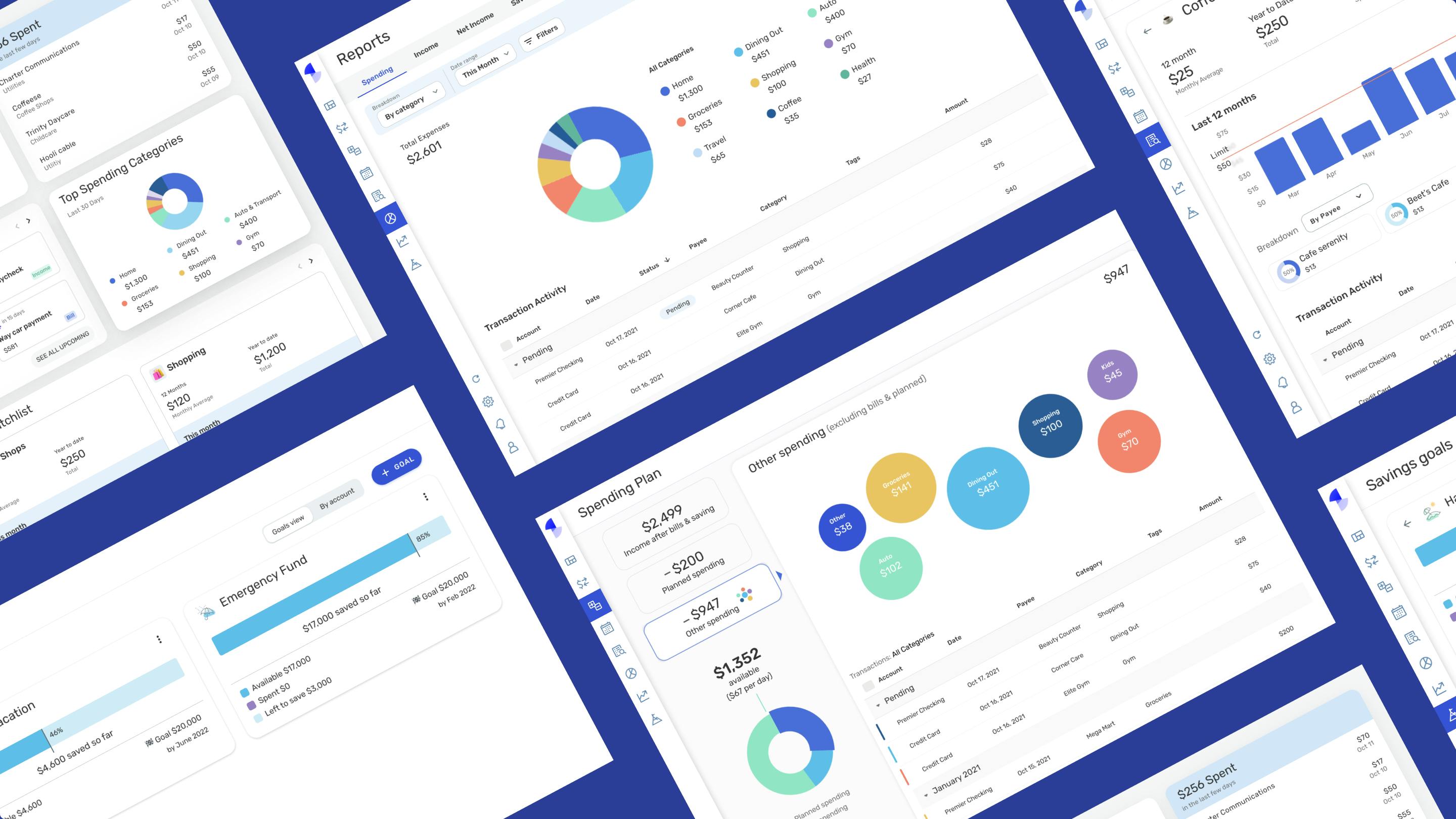 Different screenshots of the Simplifi user interface, focusing in on the Reports and Spending Plan screens.