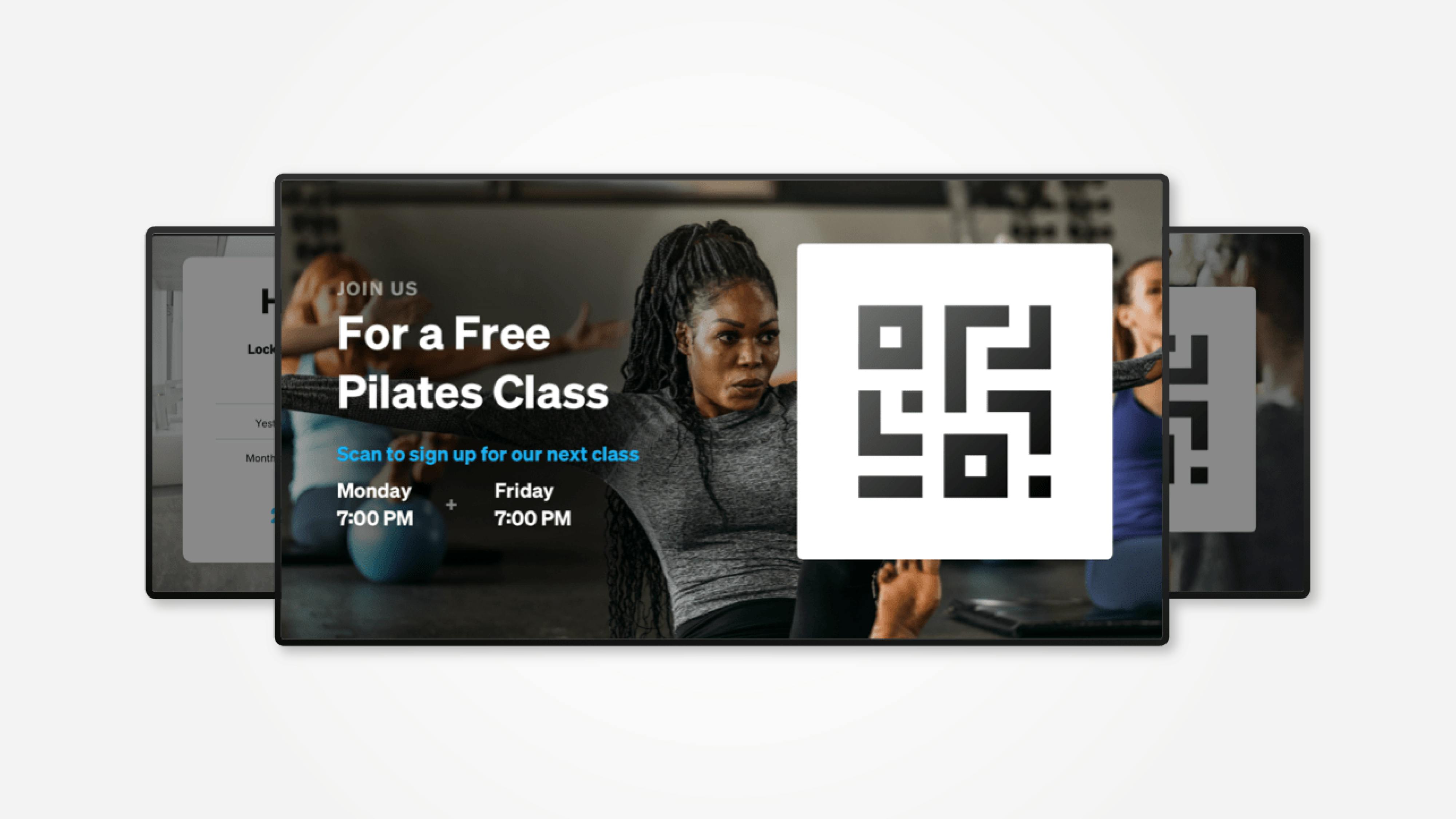 Kiosk app in action showing a Pilates class and QR code.