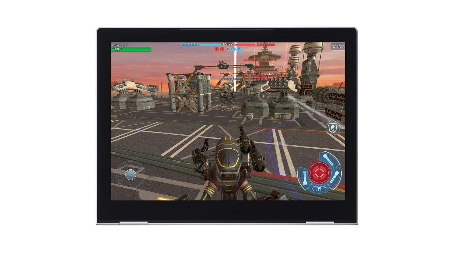A tablet device showing war robots gameplay.