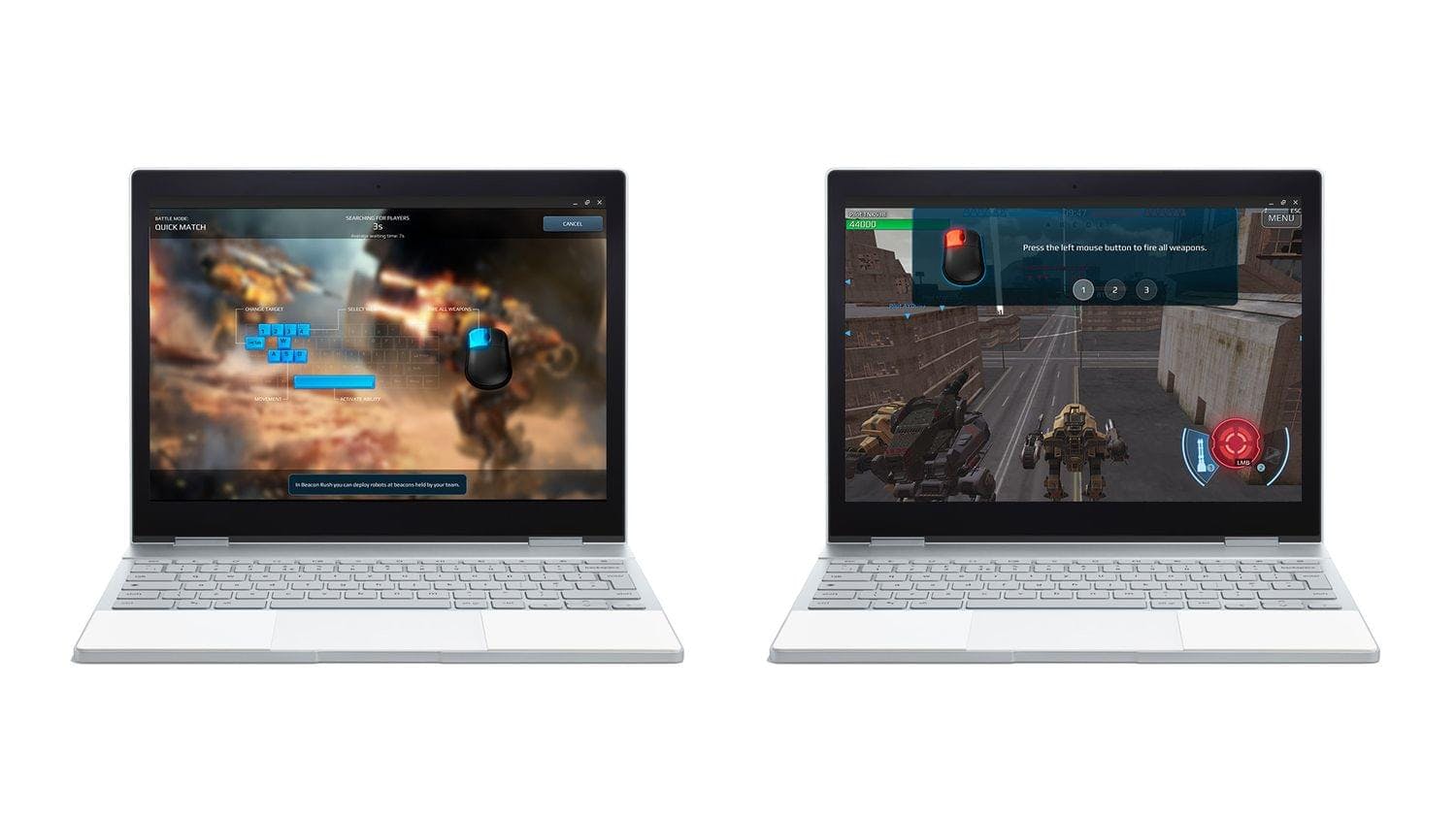 Two laptop computers showing War Robots gameplay with keyboard and mouse input.