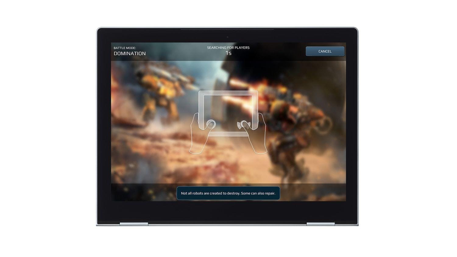 A tablet device with touchscreen showing war robots gameplay.